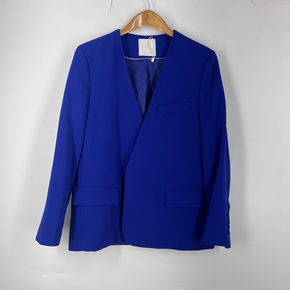 MNG Mango Womens Royal Blue Collarless Open Front Blazer Jacket Size M